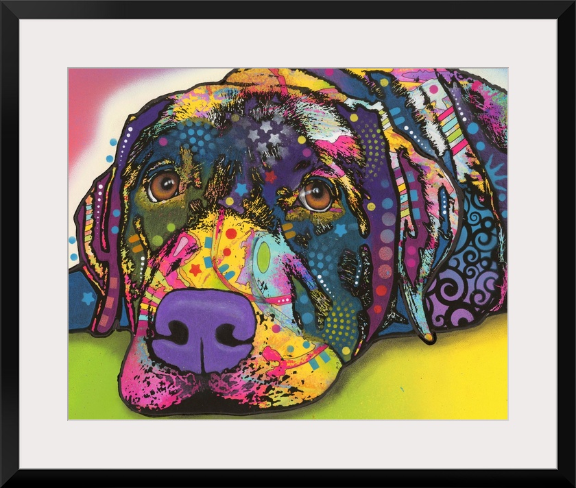 Colorful painting of a Labrador with graffiti-like designs all over.