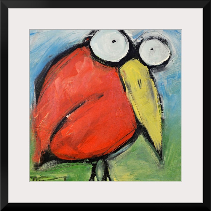 An energetic and delightfully goofy painting of a cartoonish red bird with bugging eyes on square shaped wall art.