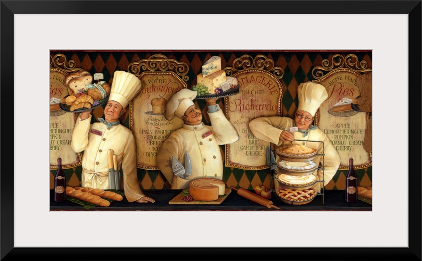 Big, landscape home art docor of three chefs standing at a counter, one holding cheese, one holding bread, the third holdi...