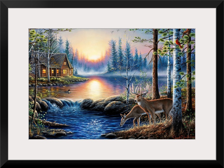 Contemporary landscape painting of two deer by a watering hole with a cabin in the background.