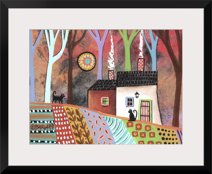 Contemporary folk-art style painting of a rolling hill landscape with houses and patchwork fields.