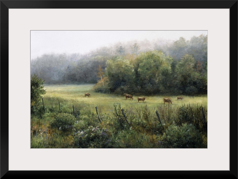 Contemporary painting of an idyllic countryside scene, cows in a pasture.