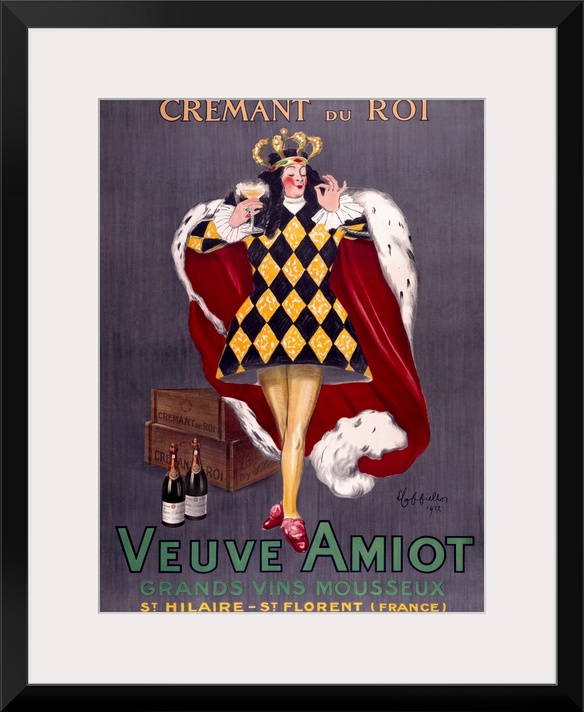 A pompous king, dressed in regalia, sips a glass of Veuve Amiot