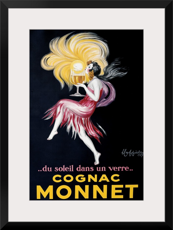 A flapper holds a large glass of Monnet cognac.  A small sun seems to emerge from the glass