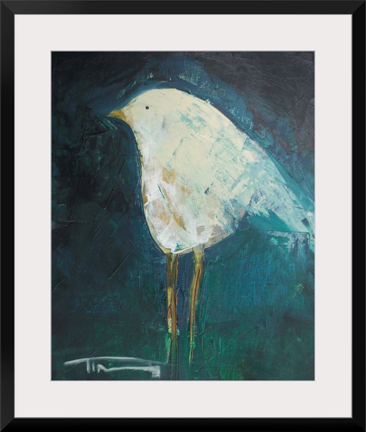 Contemporary painting of a little white bird on a dark background.