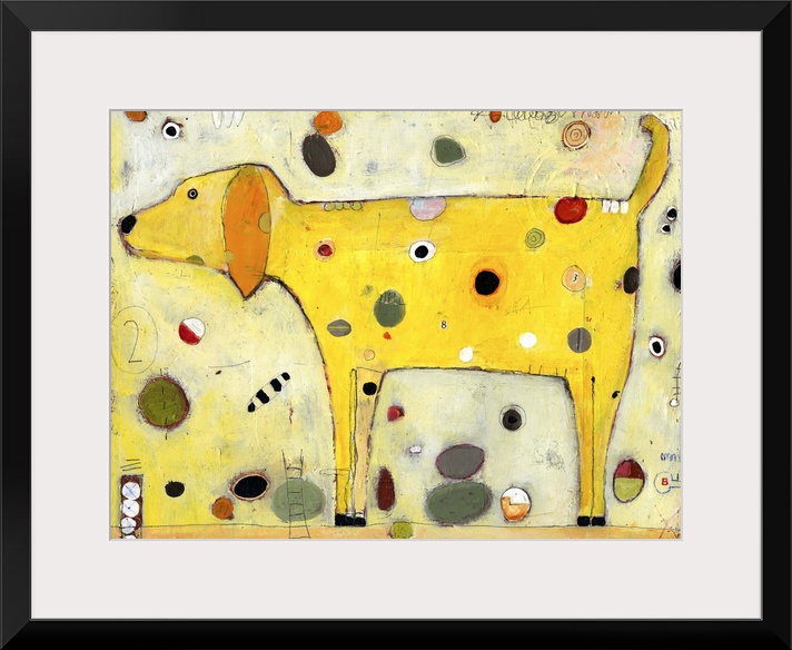 Lighthearted contemporary painting of yellow dog with spots.