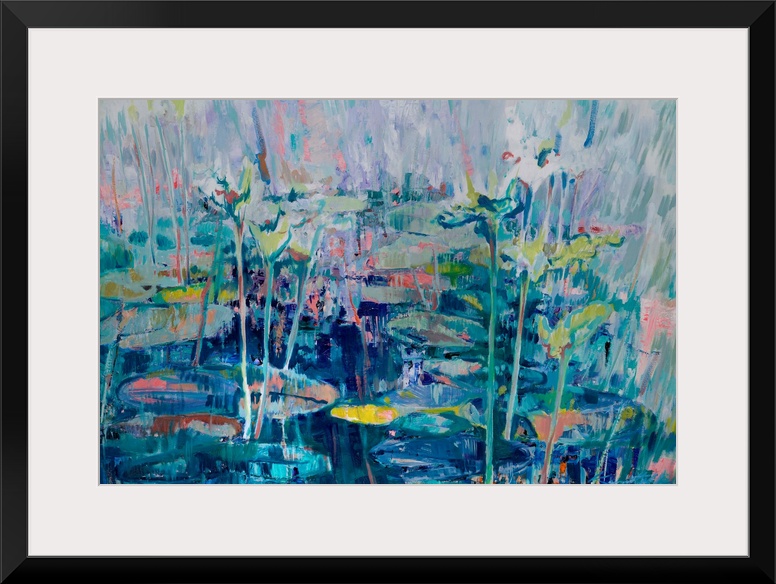 An abstract of waterlilies in a small pond, partly in shade and under the bright morning light.