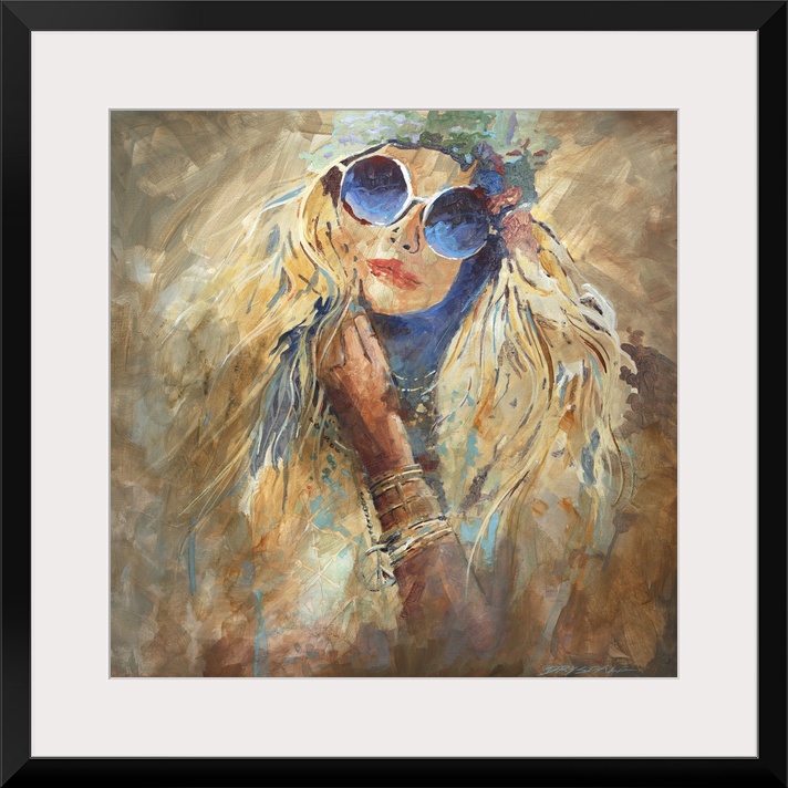 Contemporary painting of a woman in a hat and sunglasses with long blonde hair.