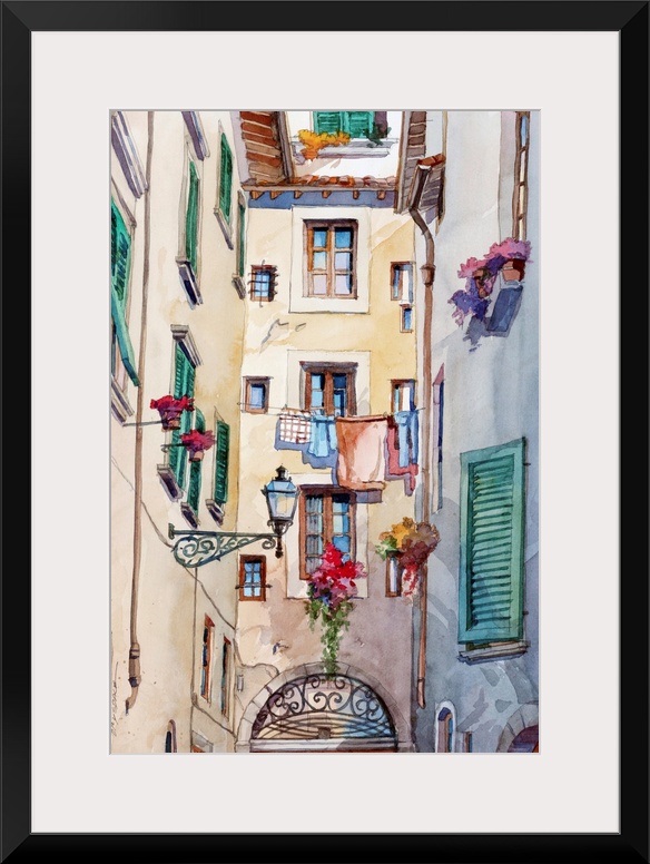 Watercolor painting of an alley way with laundry hanging on a line in Florence, Italy