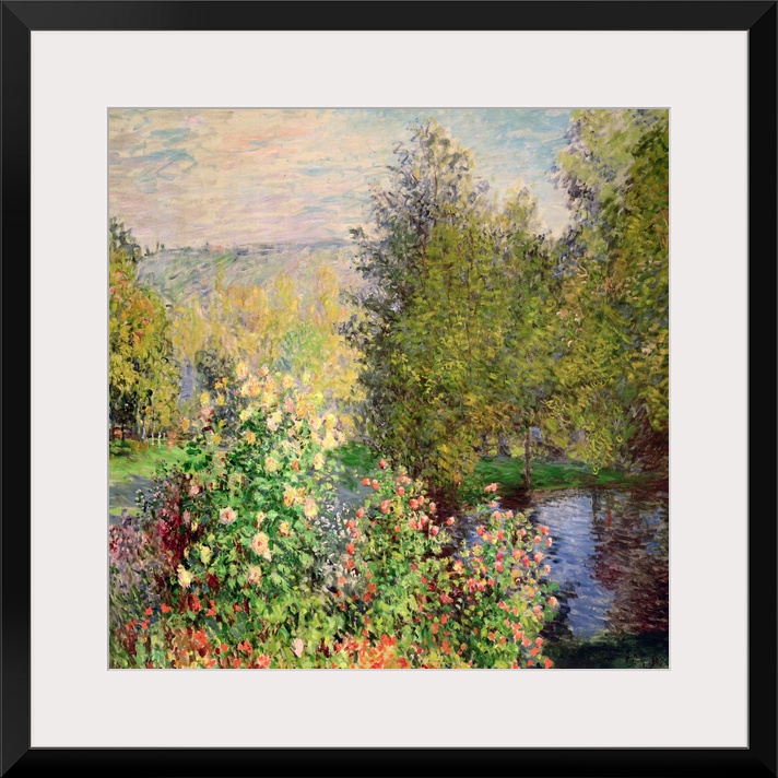 Oil on canvas of a luscious garden with flowers by a river.