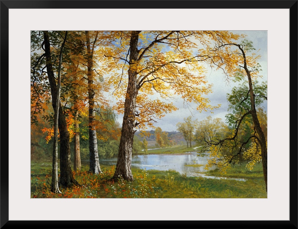 Classic painting of a small wooded grove near a pond, the trees in autumn colors and hills in the distance.