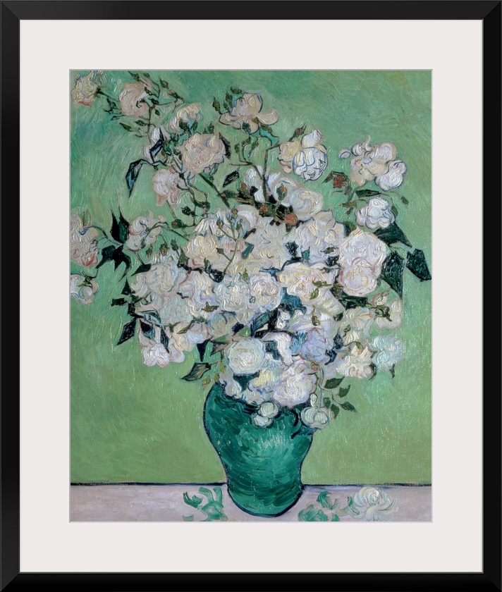 Painting on canvas of flowers in a vase with a few petals on the table it is sitting on.