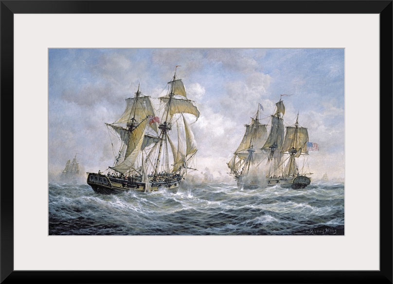 Large contemporary art portrays a battle between two warships belonging to the United States of America and Great Britain ...