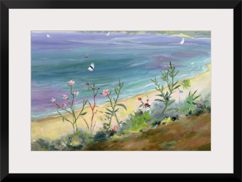 A landscape painting of wildflowers growing along the Grecian shore of a pastel colored sea.