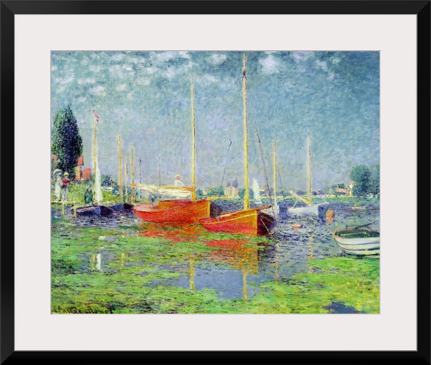 Oversized, horizontal, classic painting of numerous boats floating in calm waters of blue and green, beneath a sky with sm...