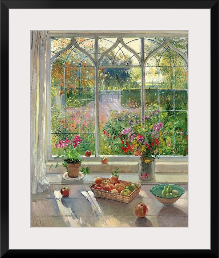 This large painting has fruit baskets and flower pots sitting on a window sill that looks out over a garden.