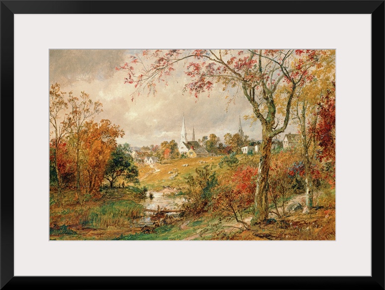 Large, landscape, classic art wall painting of a clearing at the edge of the woods looking toward the town of Saugerties i...