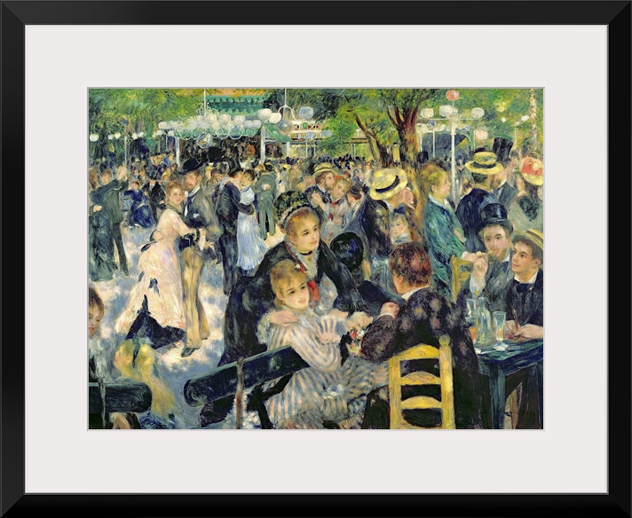Big classic art depicts a large group of well dressed individuals dancing and relaxing in a park on a sunny day.