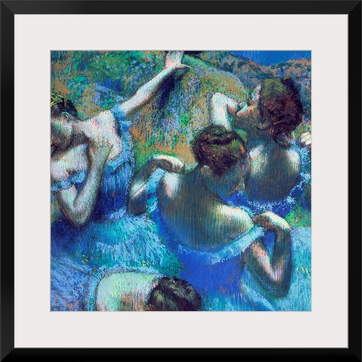A pastel drawing reproduced on large wall art, this artwork of ballet dancers was created by an Impressionist master.