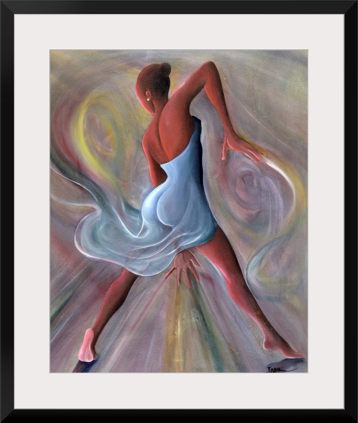 Giclee print of an oil painting of an African-American woman dancing and surrounded by swirls of color.