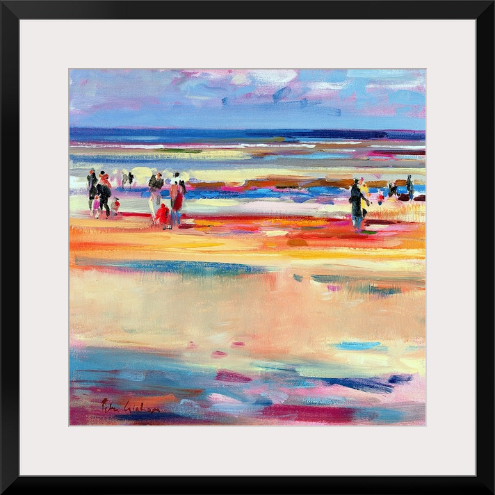 This contemporary abstract painting shows beach goers strolling up and down the shore of the seascape scene.