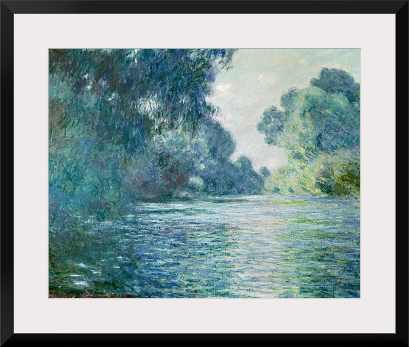 Oil painting of river with large trees and bushes on both sides that are reflected in the stream of water.