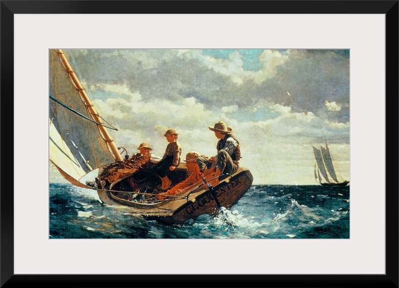 Horizontal, large classic art painting of four people on a sailboat that is nearly tipping into rough waters, beneath a gr...