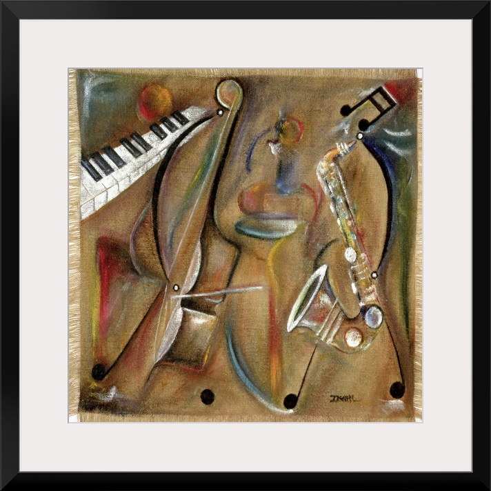 Contemporary painting of multicolored musical instruments with a burlap texture.