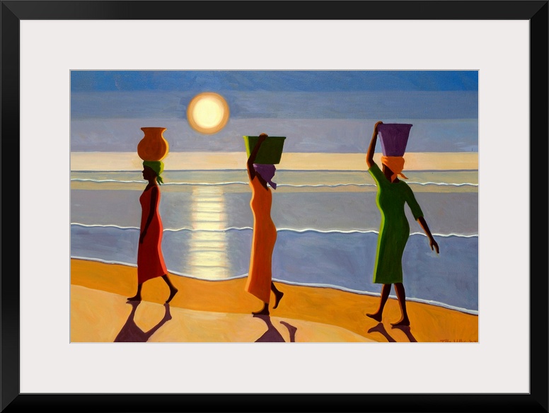 Large, horizontal oil painting of three women in dresses carrying baskets on their heads along a shoreline, beneath the se...
