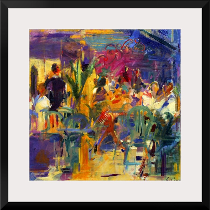 Colorful contemporary oil painting of busy eatery.