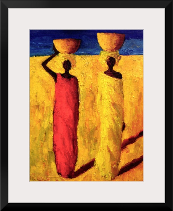 Contemporary oil painting of two African women walking while balancing bowls on their heads.