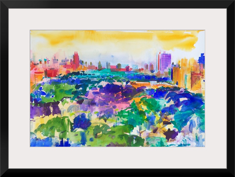 Contemporary abstract painting of Central Park with vibrant water colors.