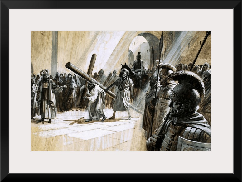 Classic artwork of Christ holding the cross as He is surrounded by soldiers.