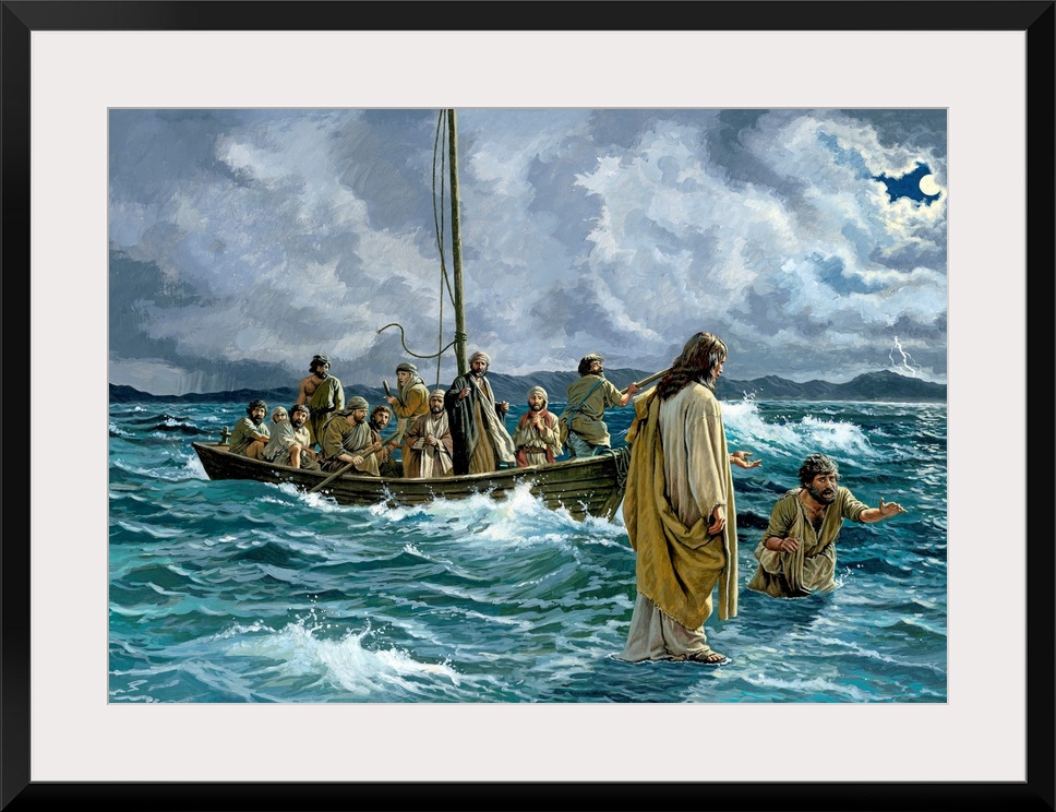 Painting of Jesus walking on water.  The disciples are in a boat and Peter is sinking as he walks toward the Savior.  Ther...