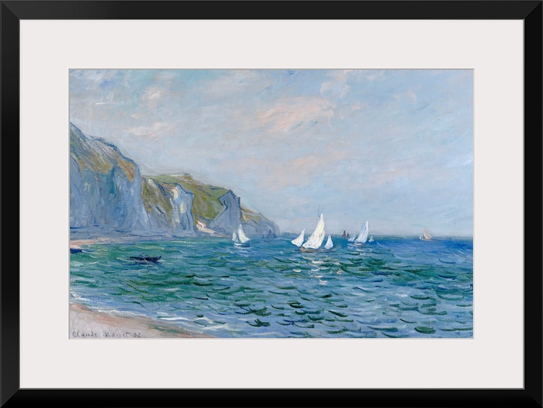 A landscape painting from a classic Impressionist master, this scene shows sail boats on the sea lined with steep cliffs.