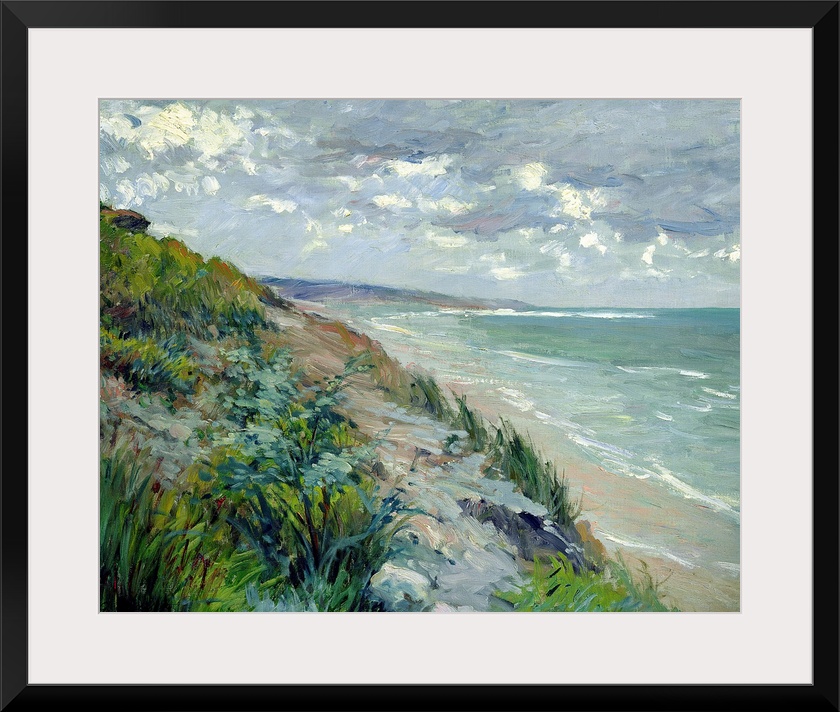Impressionist landscape painting of the beach and a sea cliff covered in grass on a cloudy day.
