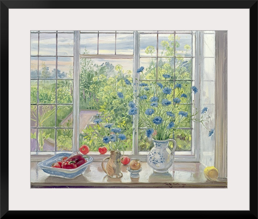 Painting of windowsill with flower vases and vegetables with garden.  A small garden is seen through the window.