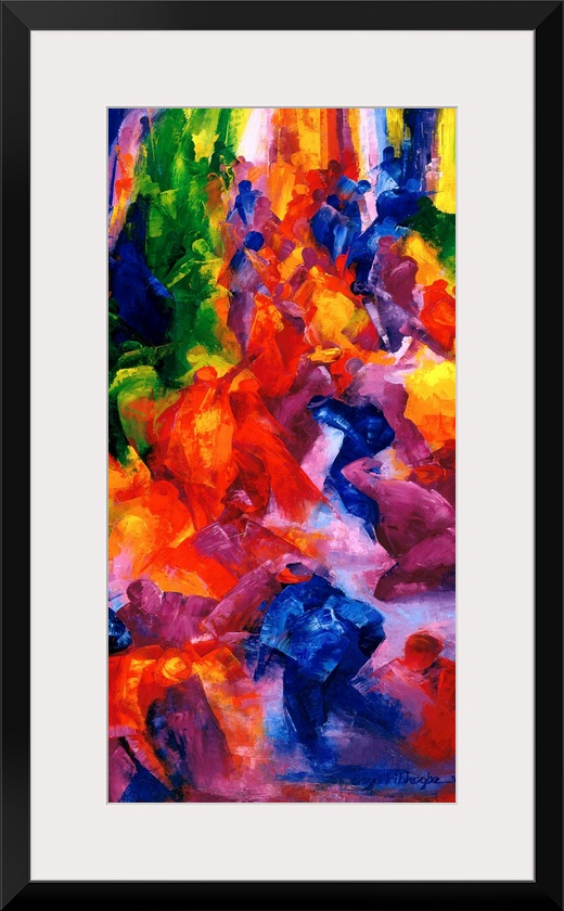 A vertical painting of people dancing at a nightclub as abstracted colors and shapes.
