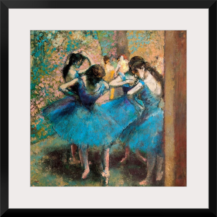 Edgar Degas' famous painting of four ballerinas practicing in the foreground with other figures visible in the mosaic back...