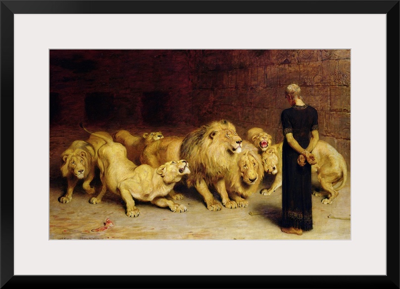 Painting of Daniel facing seven lions in a dungeon.