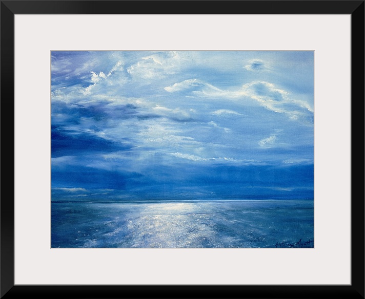 Big monochromatic contemporary art shows the glow of moonlight breaking through clouds and reflecting over a vast ocean sp...