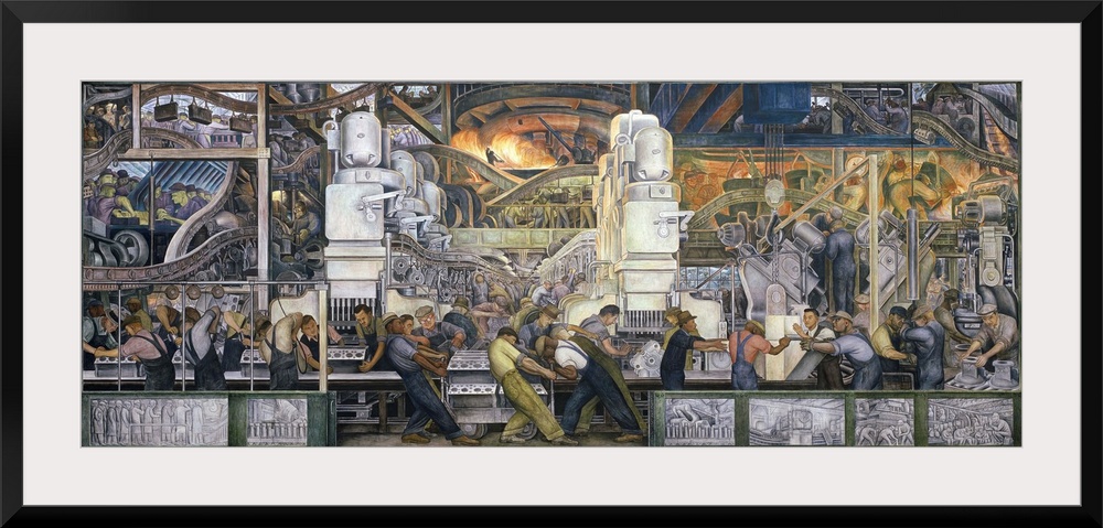 Landscape classic artwork on a large canvas of the North wall of the Ford Motor Company, featuring many men working on the...