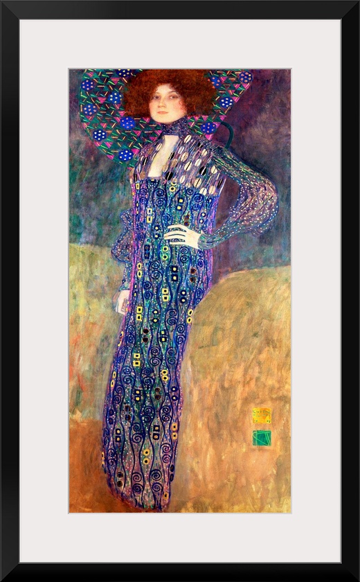 Panoramic classic art displays a woman wearing a dress composed of vibrant cool tones with accents of swirls, circles, squ...