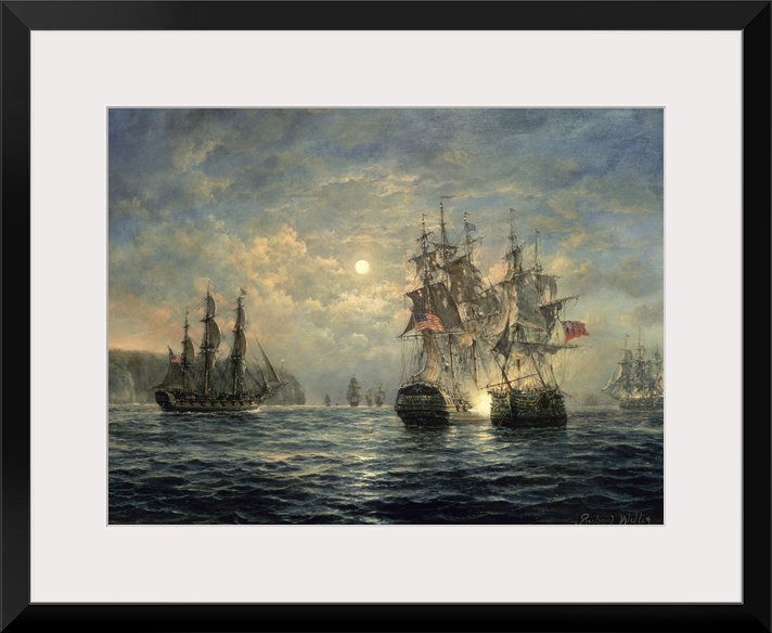 Large wooden ships sail in the rough ocean water under a cloud filled sky with the sun poking through.