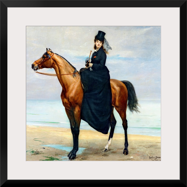 Large painting of a woman sitting on a horse along the ocean.