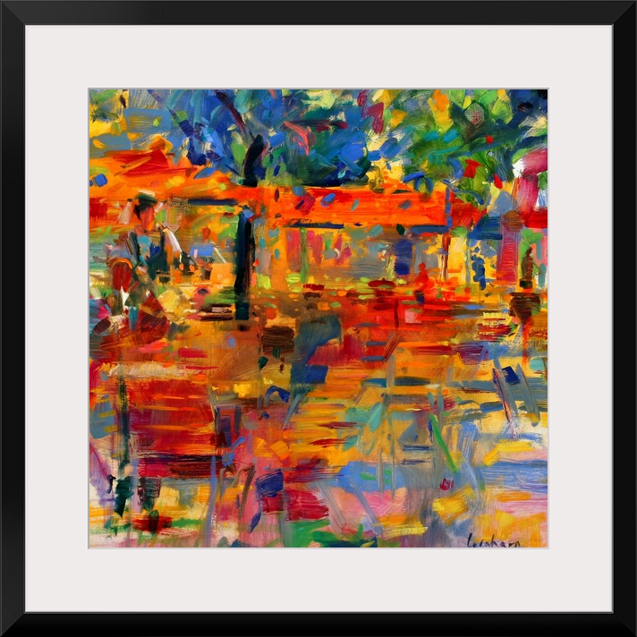Square wall art for the living room or office of an abstract outdoor cafo tables under trees.