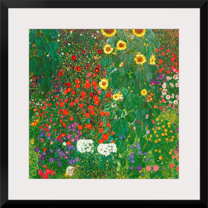 This square painting depicts a densely packed garden filled with towering sunflowers and multicolor blooms.