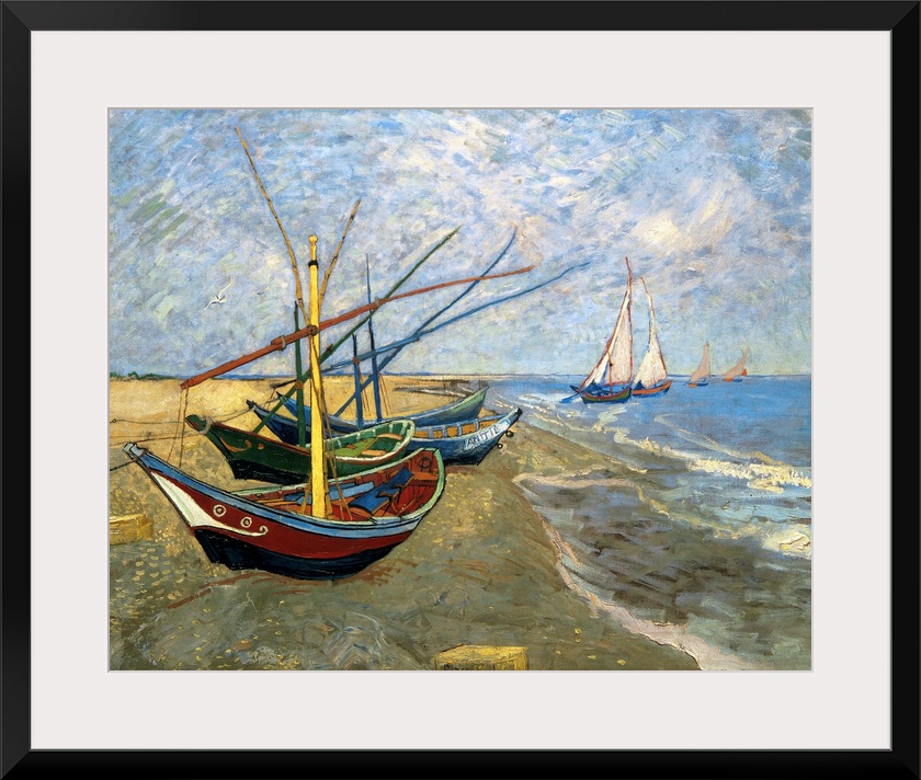 Classical painting of fishing vessels docked on sand with sailboats sailing just off the shore on a cloudy day.