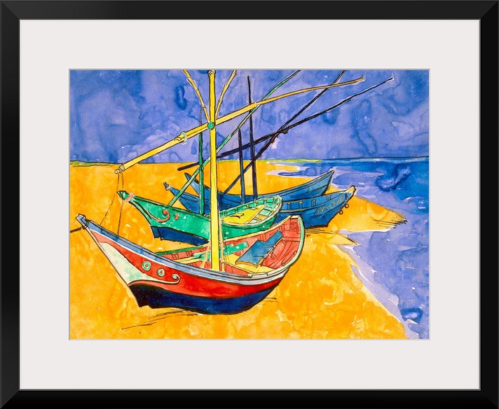 This Impressionist painting uses flat colors and line art show sail boats pulled up on the shore.