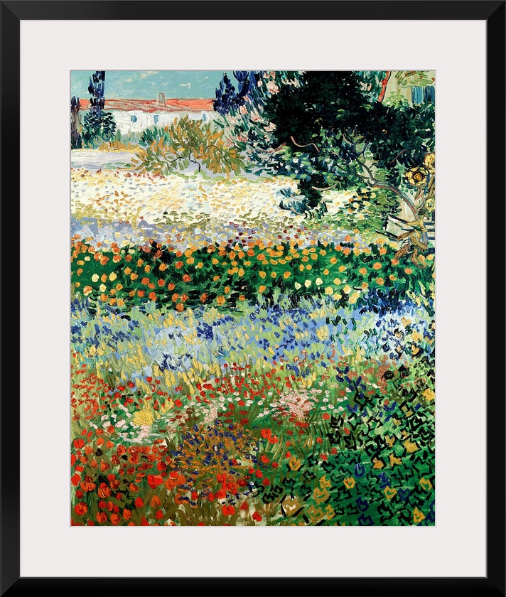 Huge classic art portrays a large plot of land filled with a diverse array of brightly colored flowers that extend towards...